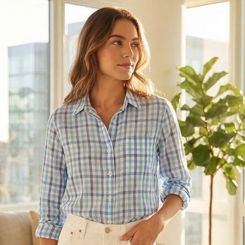 L.L. Bean Womens L Blue Gingham Plaid 100% Linen Button Down Shirt